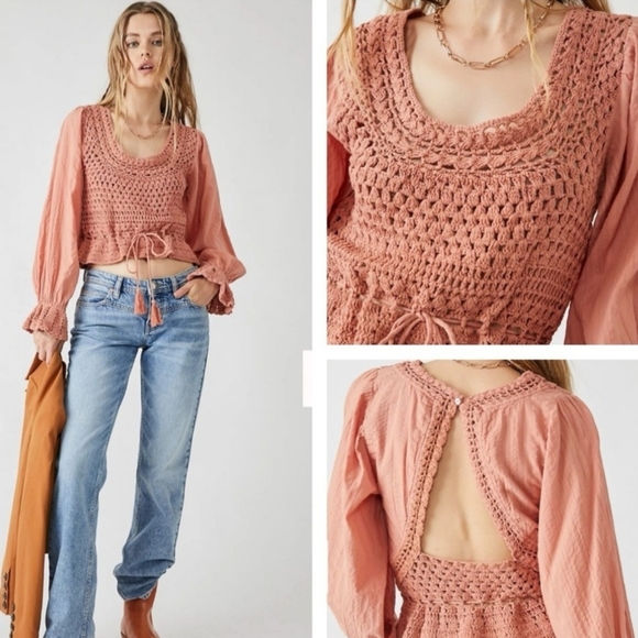Free People Megan Crochet Top Balloon Sleeves Coral Size L NWT - Picture 1 of 10